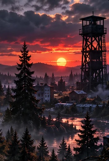Chernarus-inspired wilderness, settlement, and watchtower at sunset